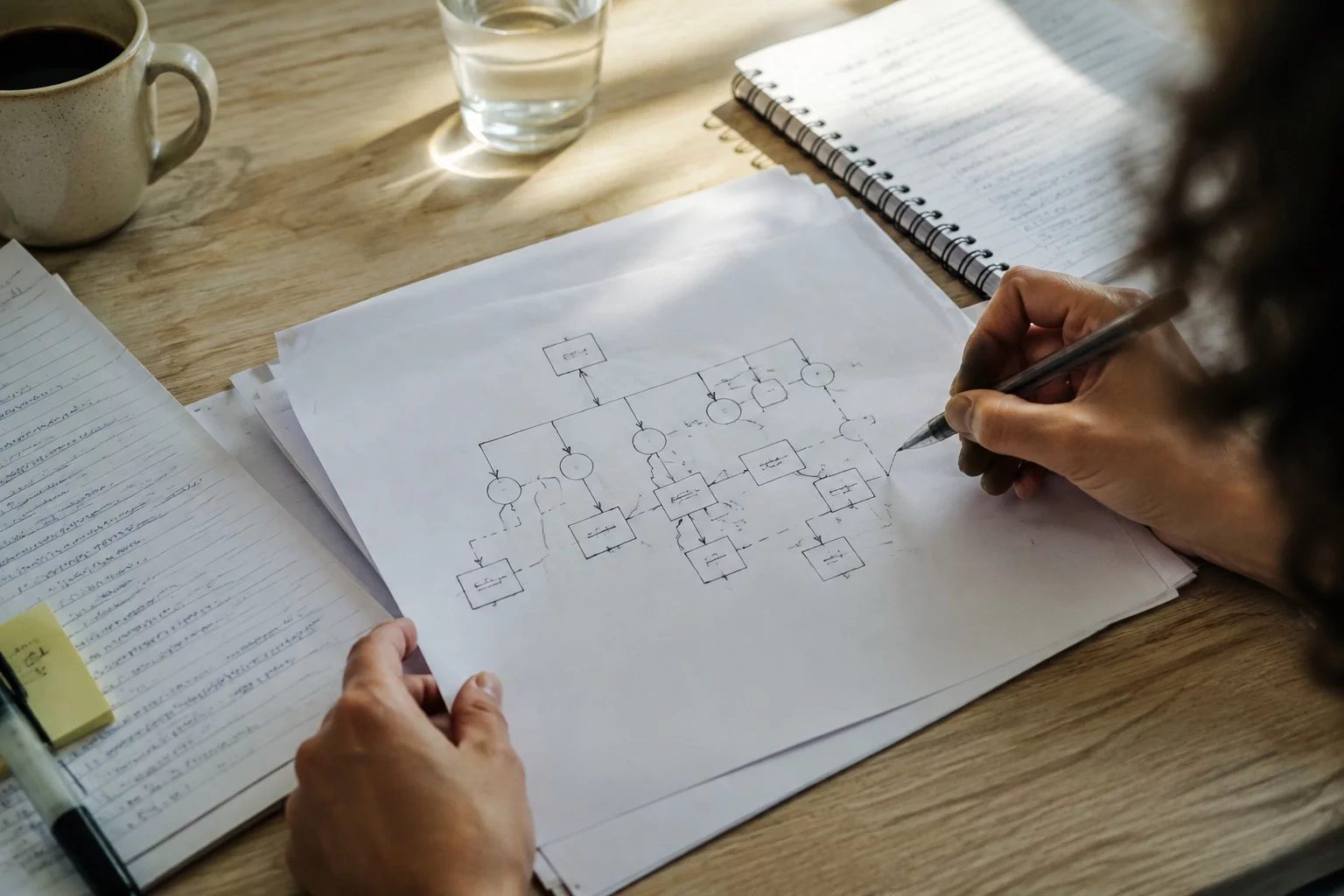 Vista de cima de uma mesa com um diagrama de lógica desenhado à mão
