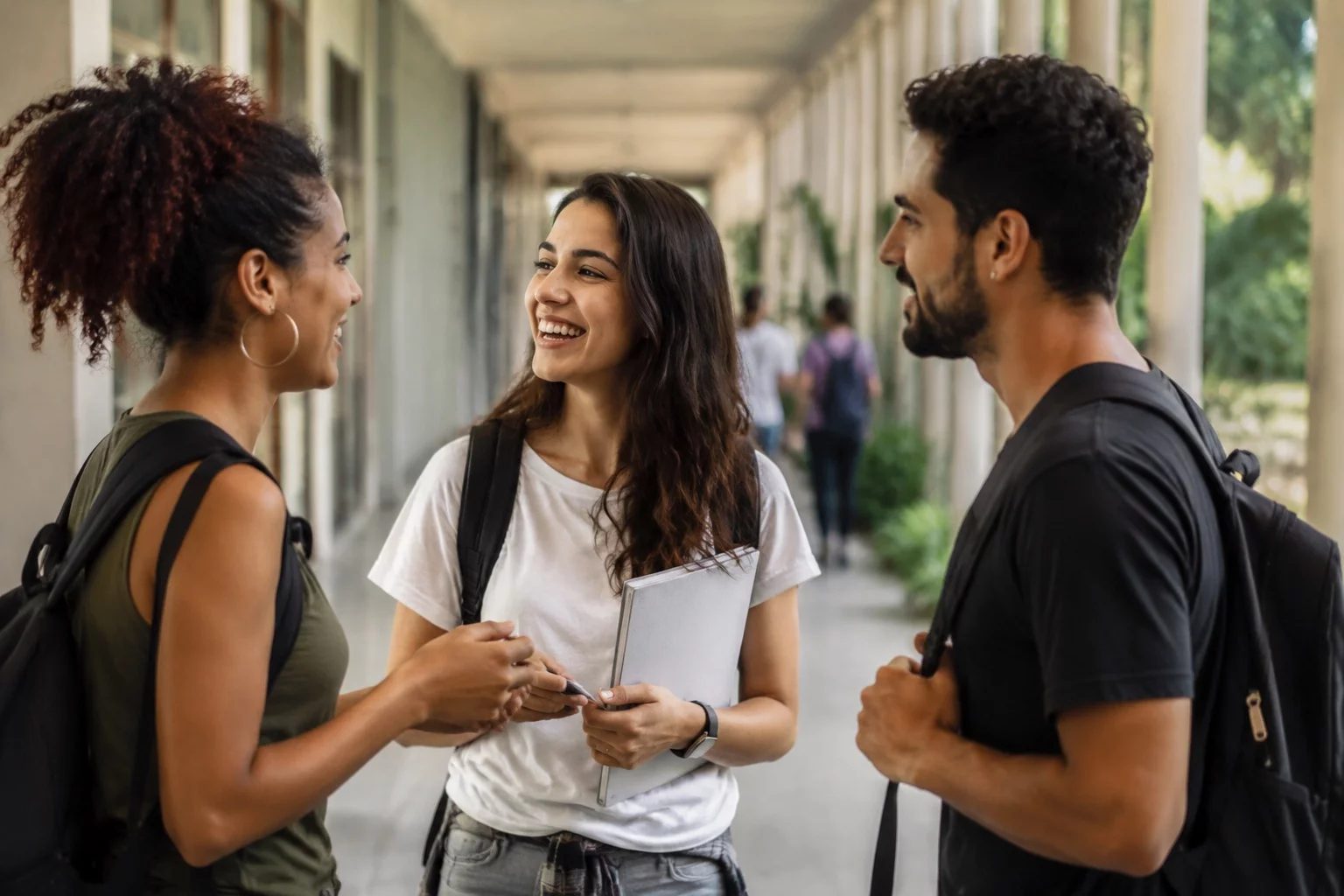 Estudantes com mochilas conversando no corredor de uma universidade