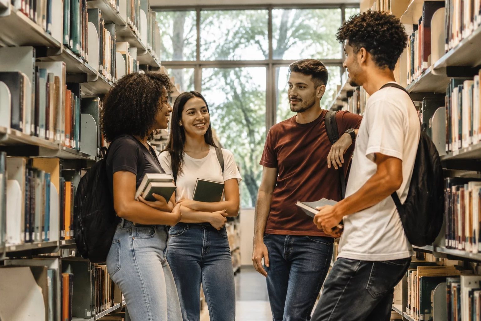 Estudantes conversando em pé entre as estantes de uma biblioteca