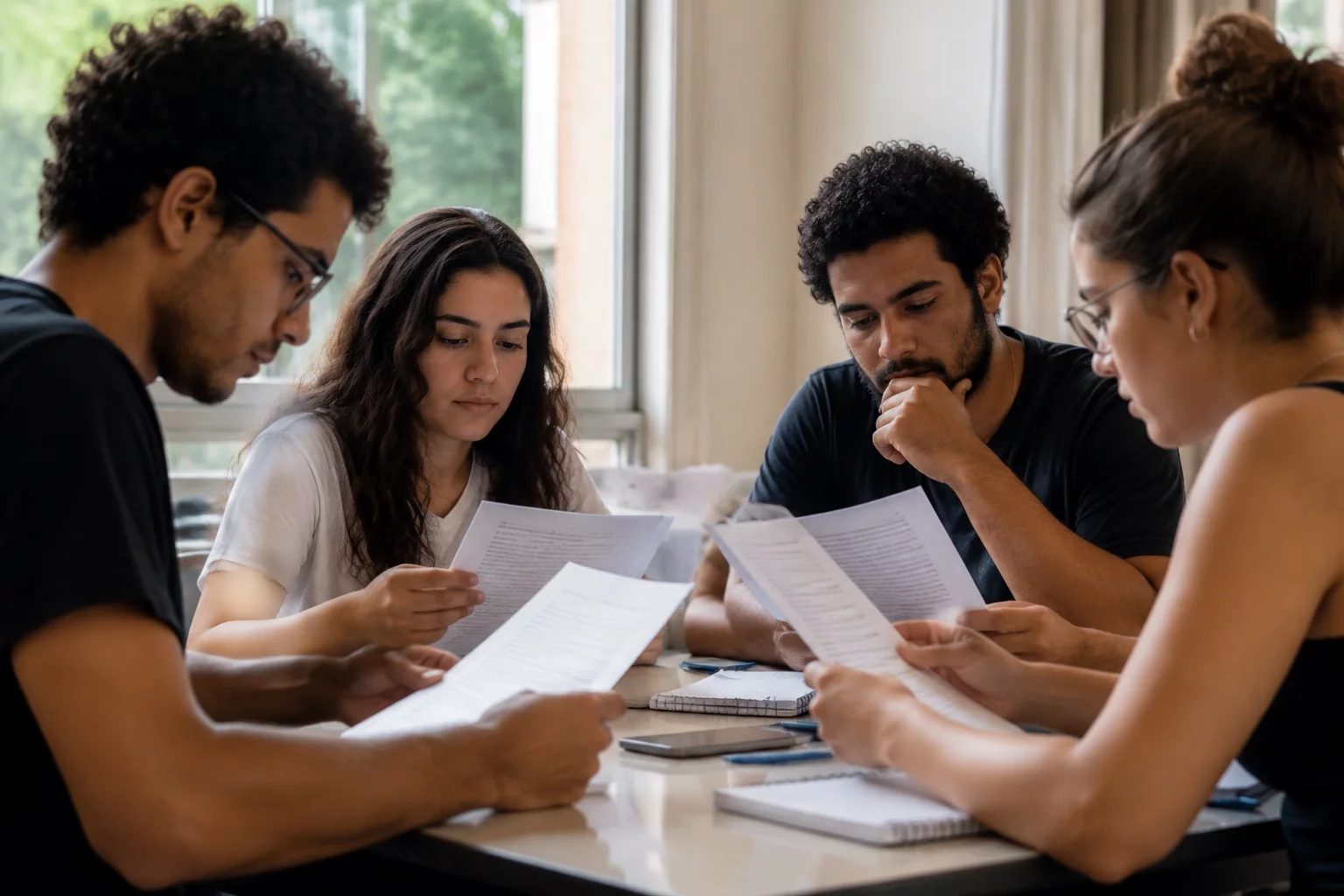 Grupo pequeno lendo páginas impressas de argumentos ao redor de uma mesa