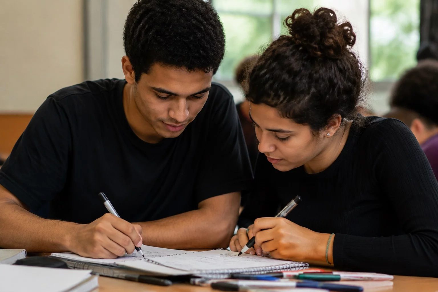 Dois estudantes preparando um debate com cadernos e marcadores